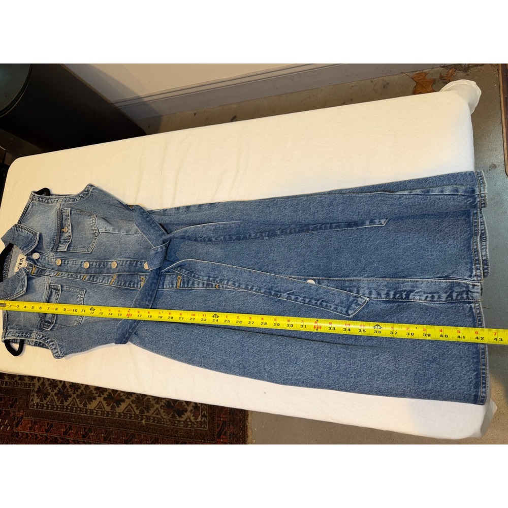 Zara Womens Blue Denim Sleeveless Button Front Belted Midi Dress Large - Picture 7 of 7